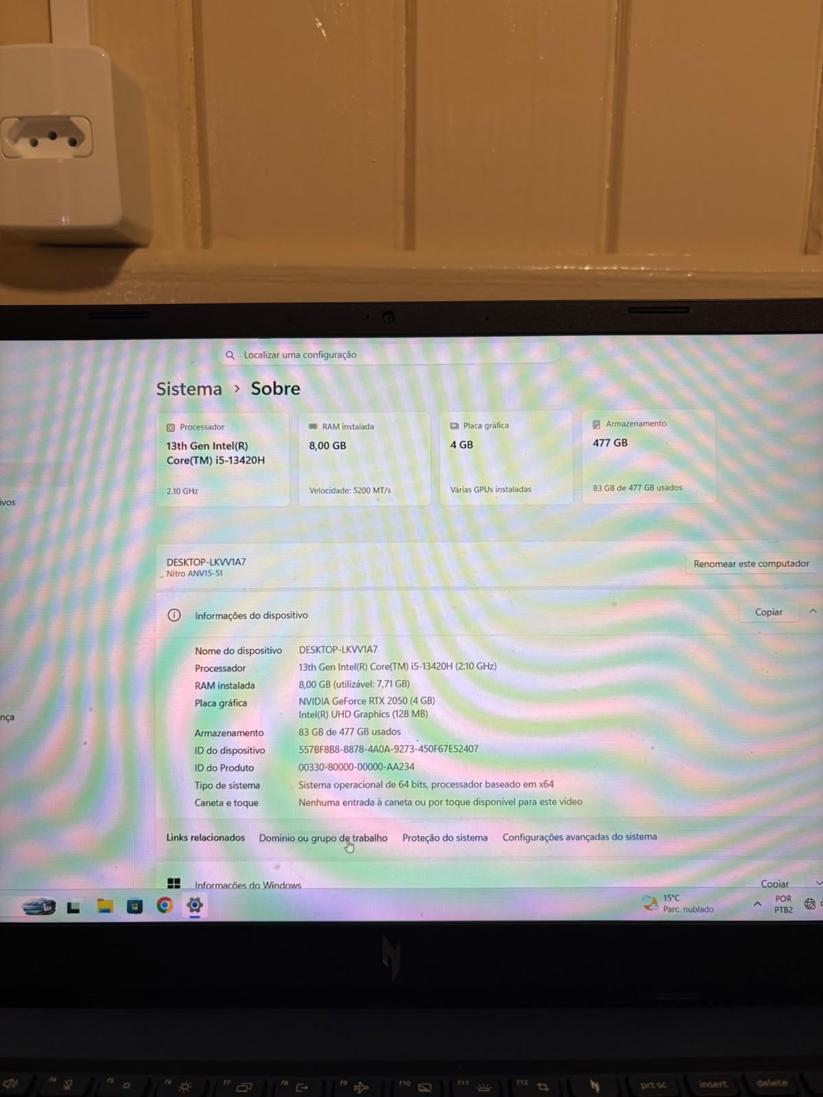 Configurações do sistema: Core i5-13420H, 8 GB RAM, RTX 2050, 477 GB