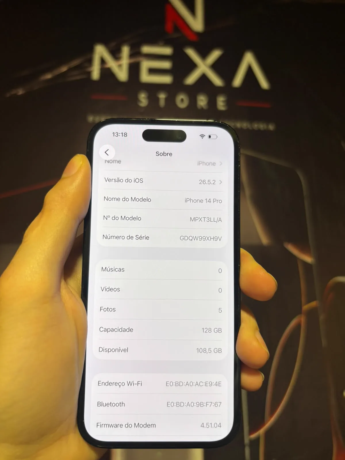 iPhone 14 Pro — tela Sobre comprovando modelo iPhone 14 Pro e capacidade de 128 GB